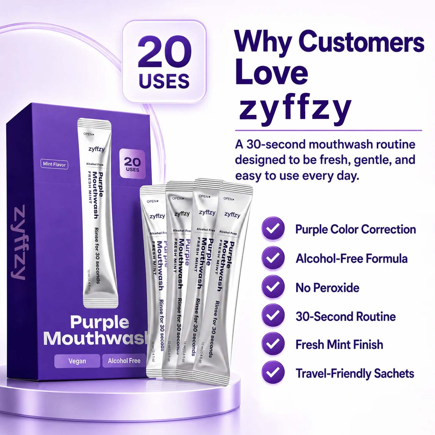 Purple Mouthwash - Sachets 20 Pack - Peroxide-Free - Alcohol Free - Vegan Mint