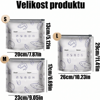 PKNEW® 🥬 Chytré pratelné hliníkové úložné sáčky (3 velikosti) 🍇 — S robustním zipem a snadno označitelným povrchem pro organizované skladování v lednici, mrazáku a spíži ♻️
