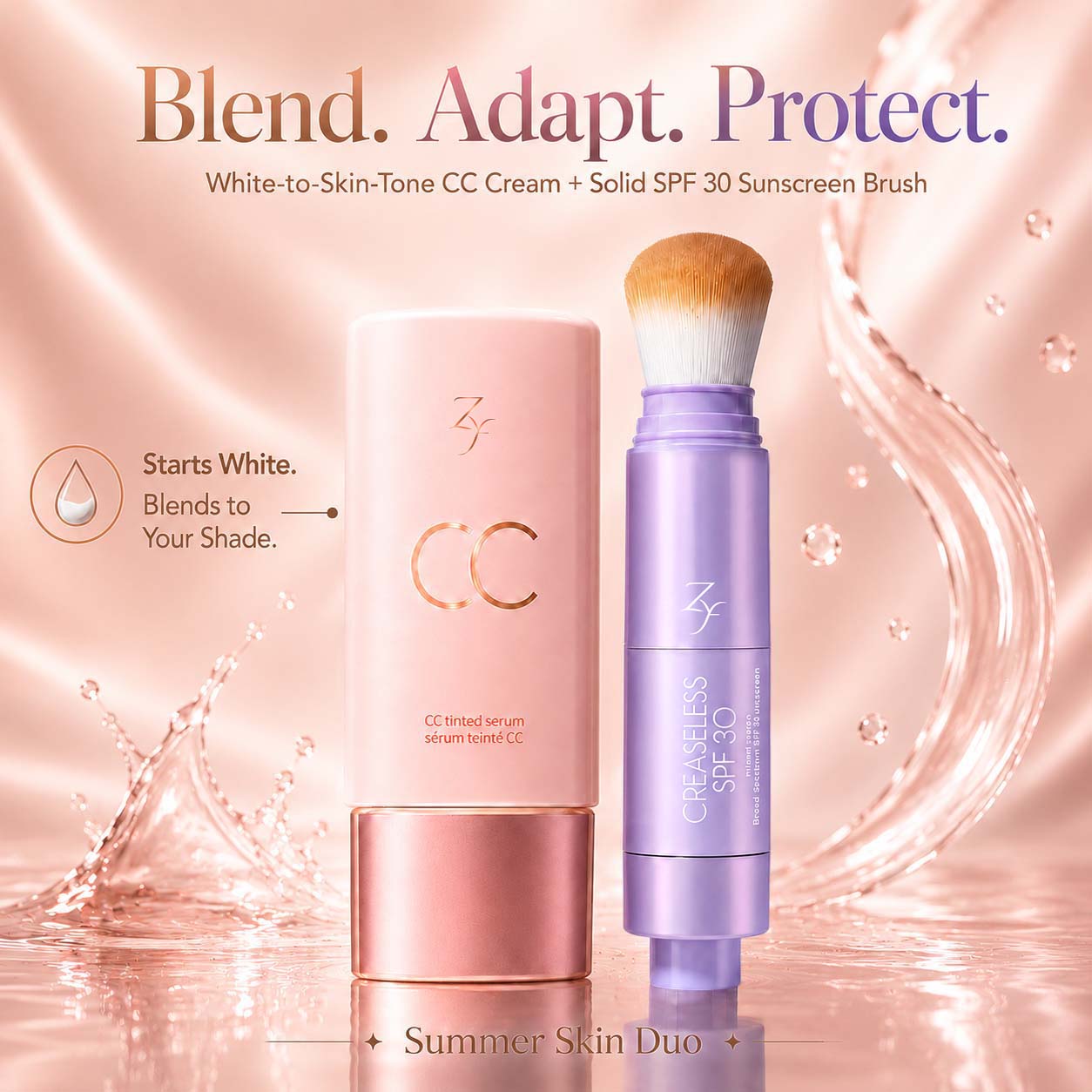Zyffyz Summer Skin Essentials Set — CC Serum + Solid SPF 30 Sunscreen Brush