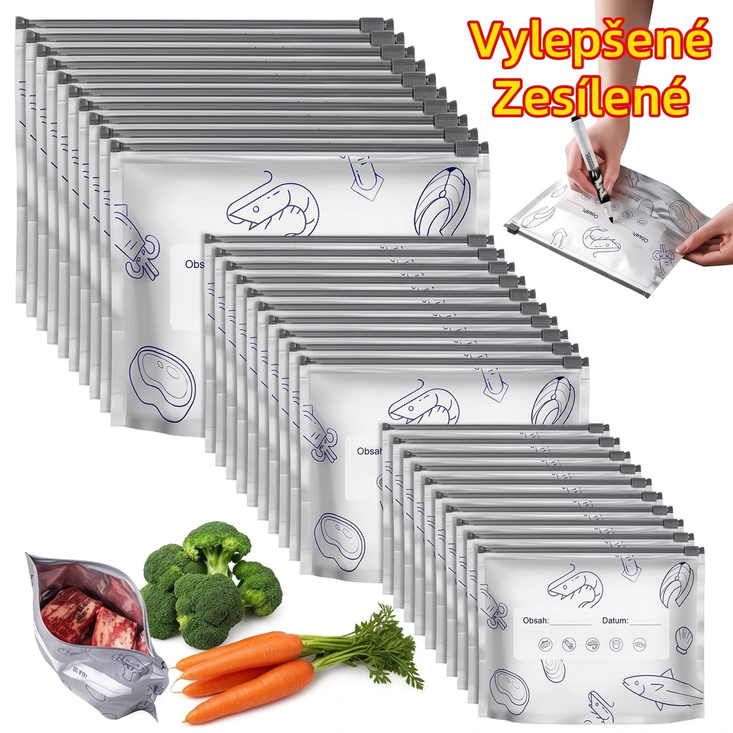 PKNEW® 🥬 Chytré pratelné hliníkové úložné sáčky (3 velikosti) 🍇 — S robustním zipem a snadno označitelným povrchem pro organizované skladování v lednici, mrazáku a spíži ♻️