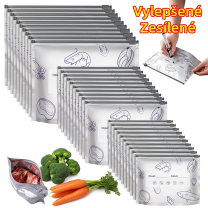 PKNEW® 🥬 Chytré pratelné hliníkové úložné sáčky (3 velikosti) 🍇 — S robustním zipem a snadno označitelným povrchem pro organizované skladování v lednici, mrazáku a spíži ♻️