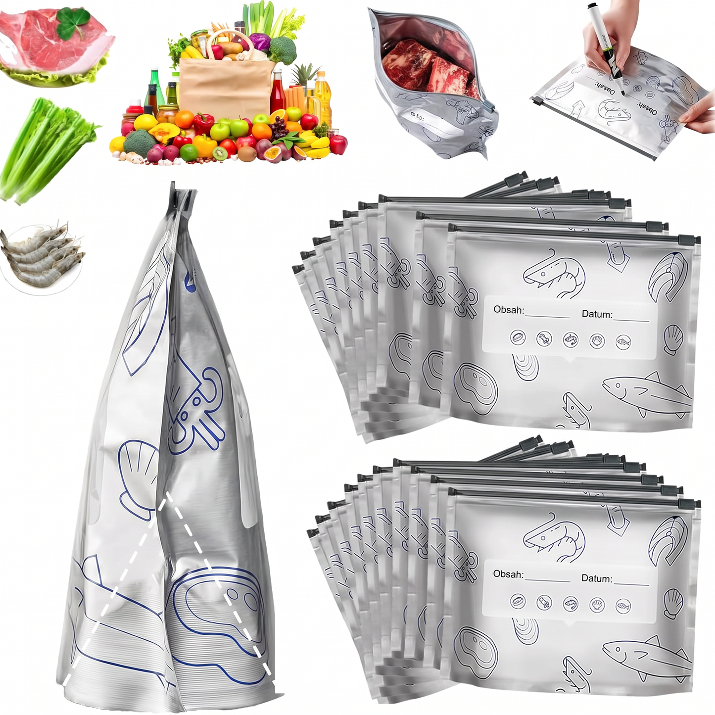 PKNEW® 🥬 Chytré pratelné hliníkové úložné sáčky (3 velikosti) 🍇 — S robustním zipem a snadno označitelným povrchem pro organizované skladování v lednici, mrazáku a spíži ♻️