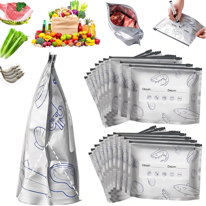 PKNEW® 🥬 Chytré pratelné hliníkové úložné sáčky (3 velikosti) 🍇 — S robustním zipem a snadno označitelným povrchem pro organizované skladování v lednici, mrazáku a spíži ♻️